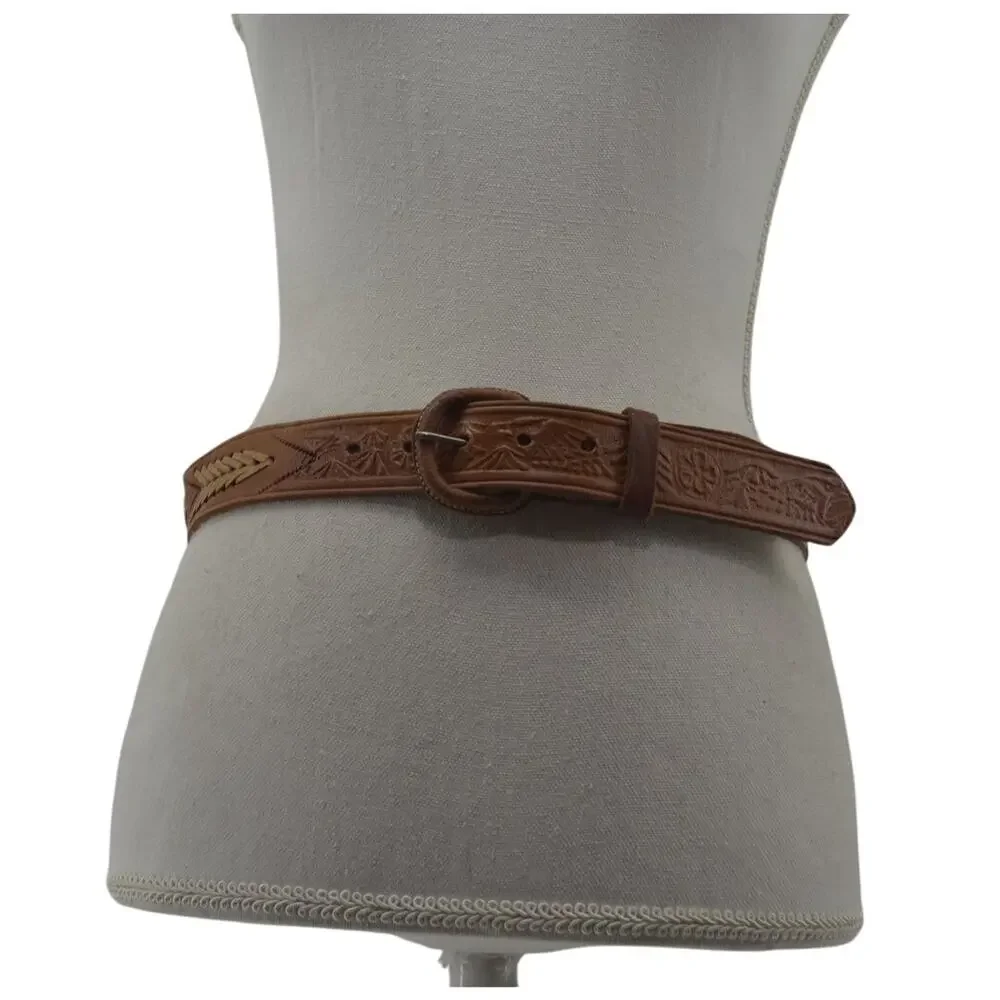 Western Brown Leather Belt Tooled Cowgirl Sz Small Festival
